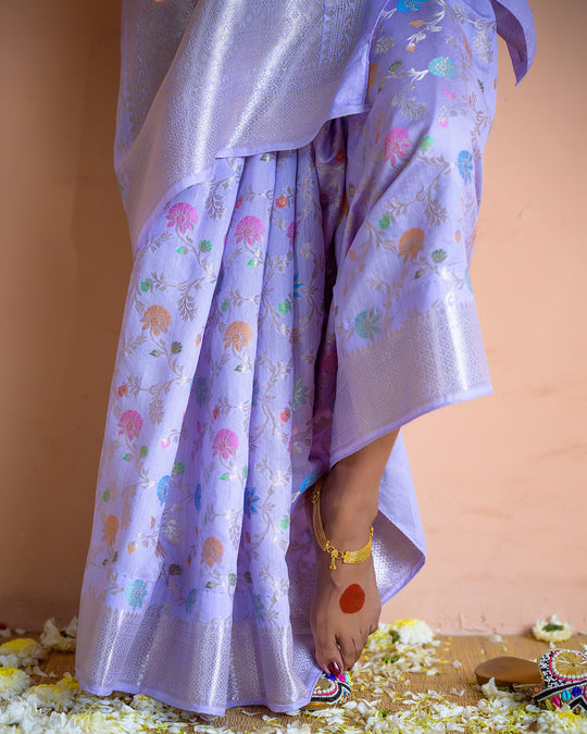 Lavender Pure Banarasi Saree with Multicolor Meenakari Floral Jaal
