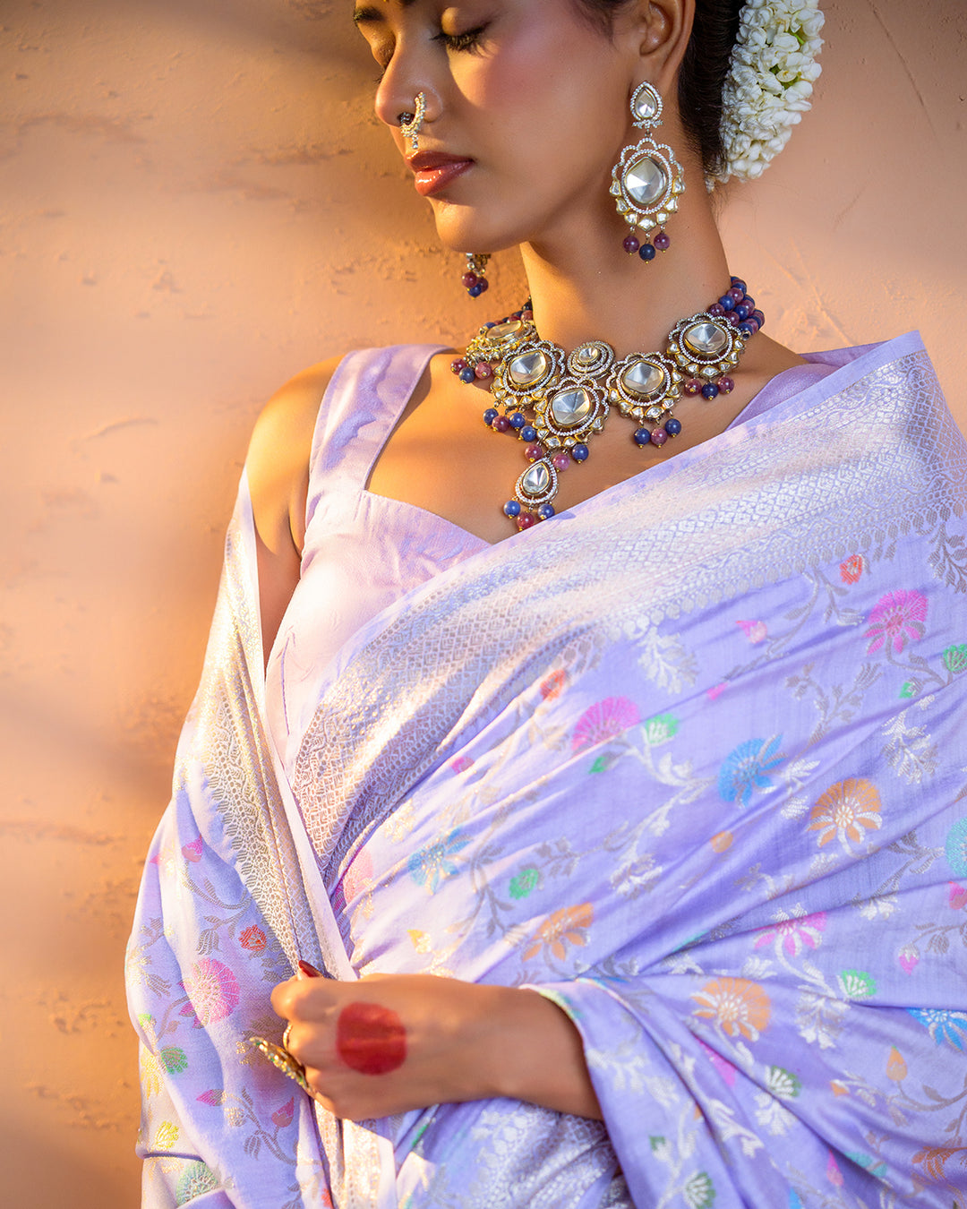 Lavender Pure Banarasi Saree with Multicolor Meenakari Floral Jaal