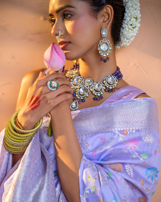 Lavender Pure Banarasi Saree with Multicolor Meenakari Floral Jaal