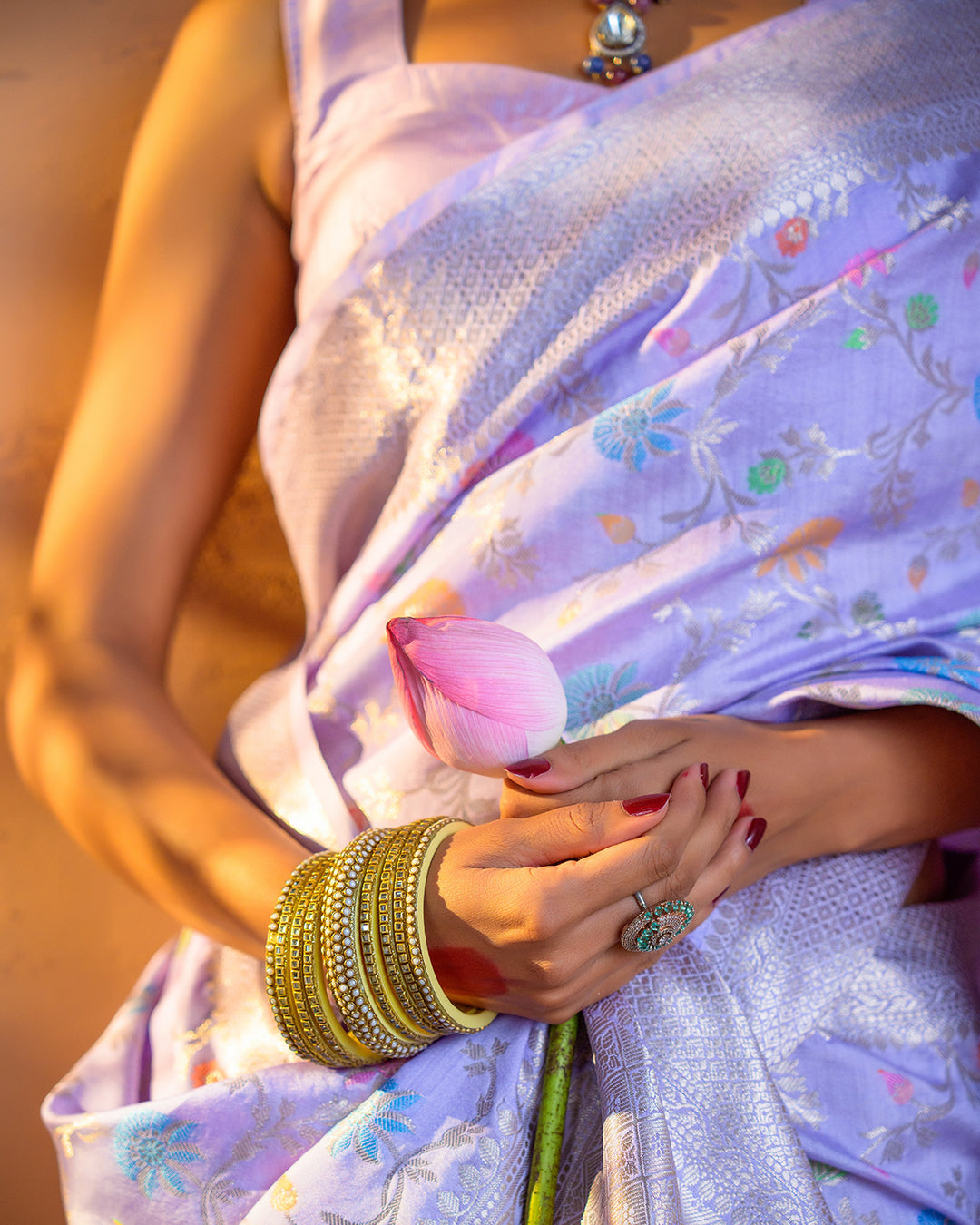 Lavender Pure Banarasi Saree with Multicolor Meenakari Floral Jaal