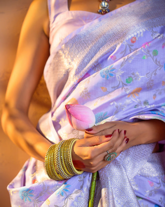 Lavender Pure Banarasi Saree with Multicolor Meenakari Floral Jaal
