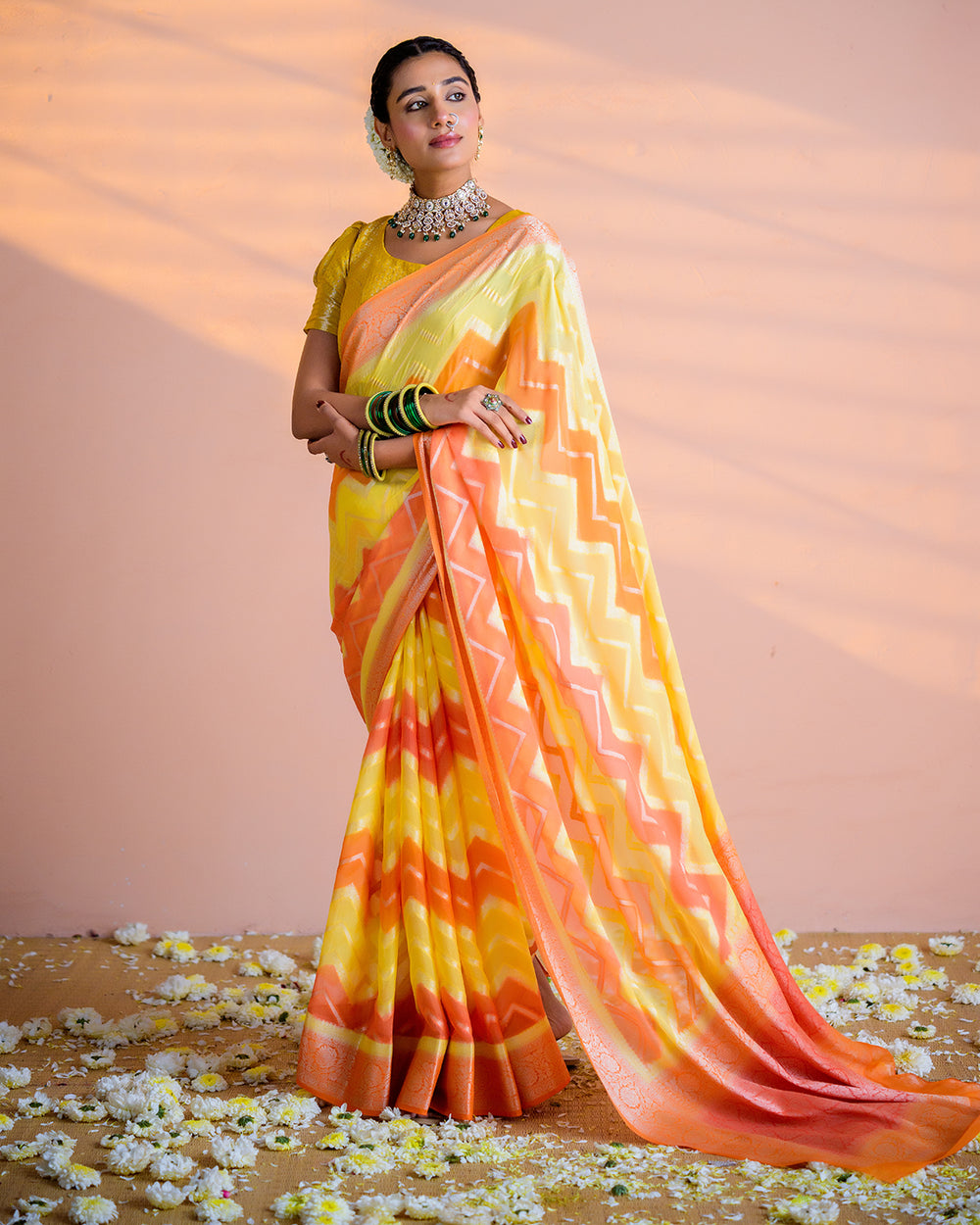 Orange-Yellow Pure Chiffon Saree with Chevron Flame Patterns and Regal Finish