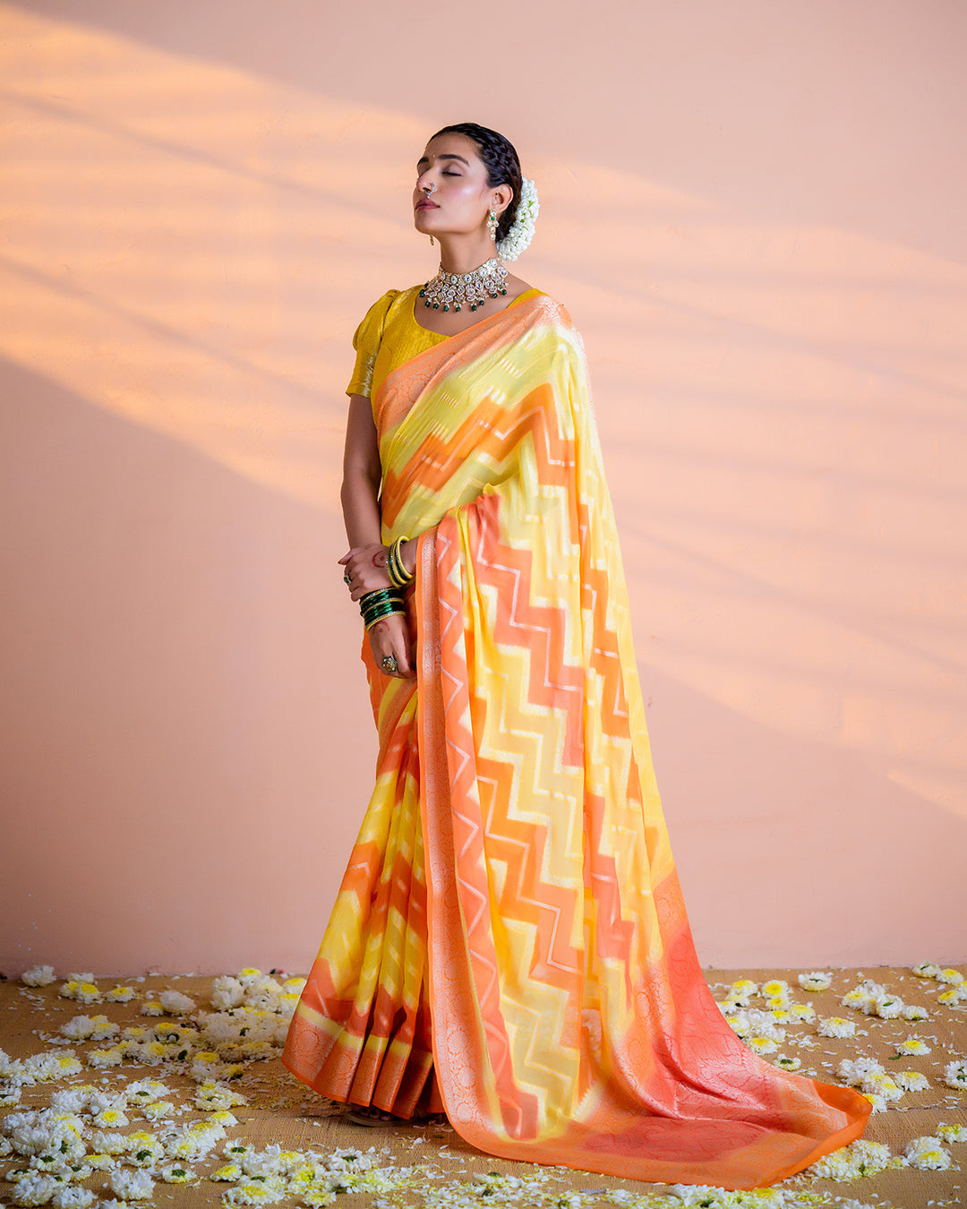 Orange-Yellow Pure Chiffon Saree with Chevron Flame Patterns and Regal Finish