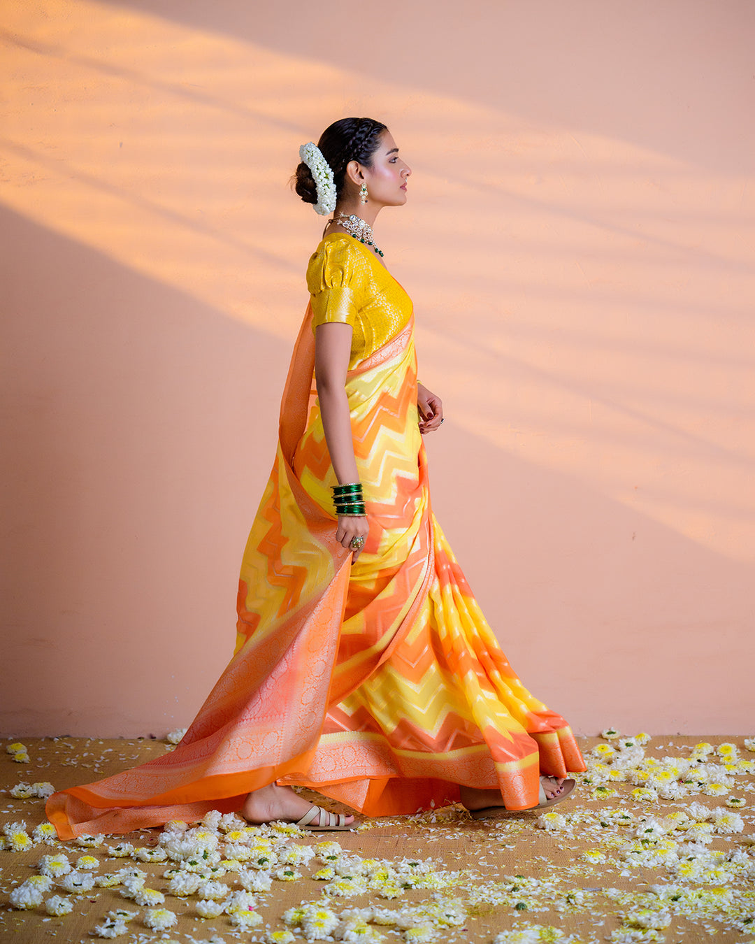 Orange-Yellow Pure Chiffon Saree with Chevron Flame Patterns and Regal Finish