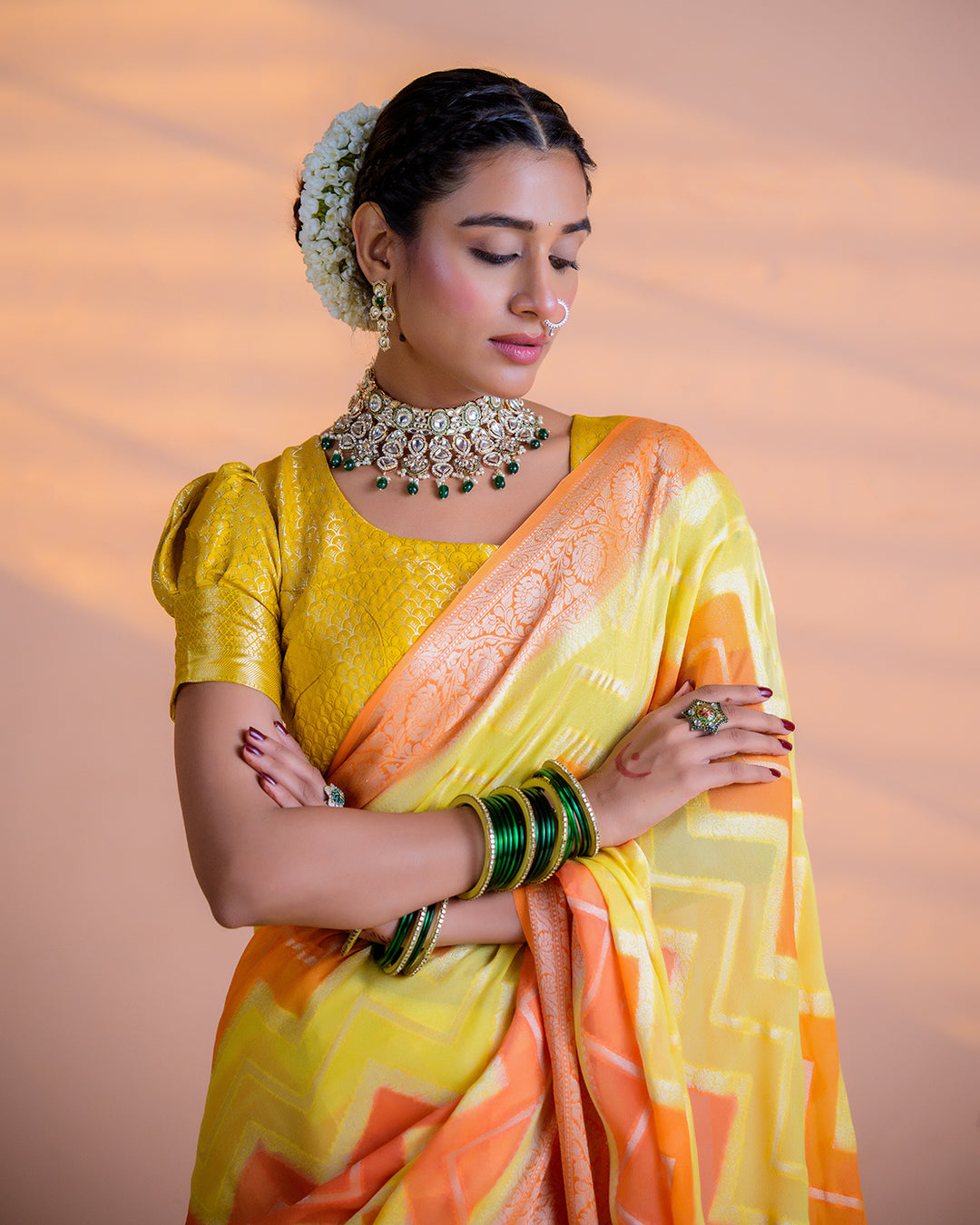 Orange-Yellow Pure Chiffon Saree with Chevron Flame Patterns and Regal Finish