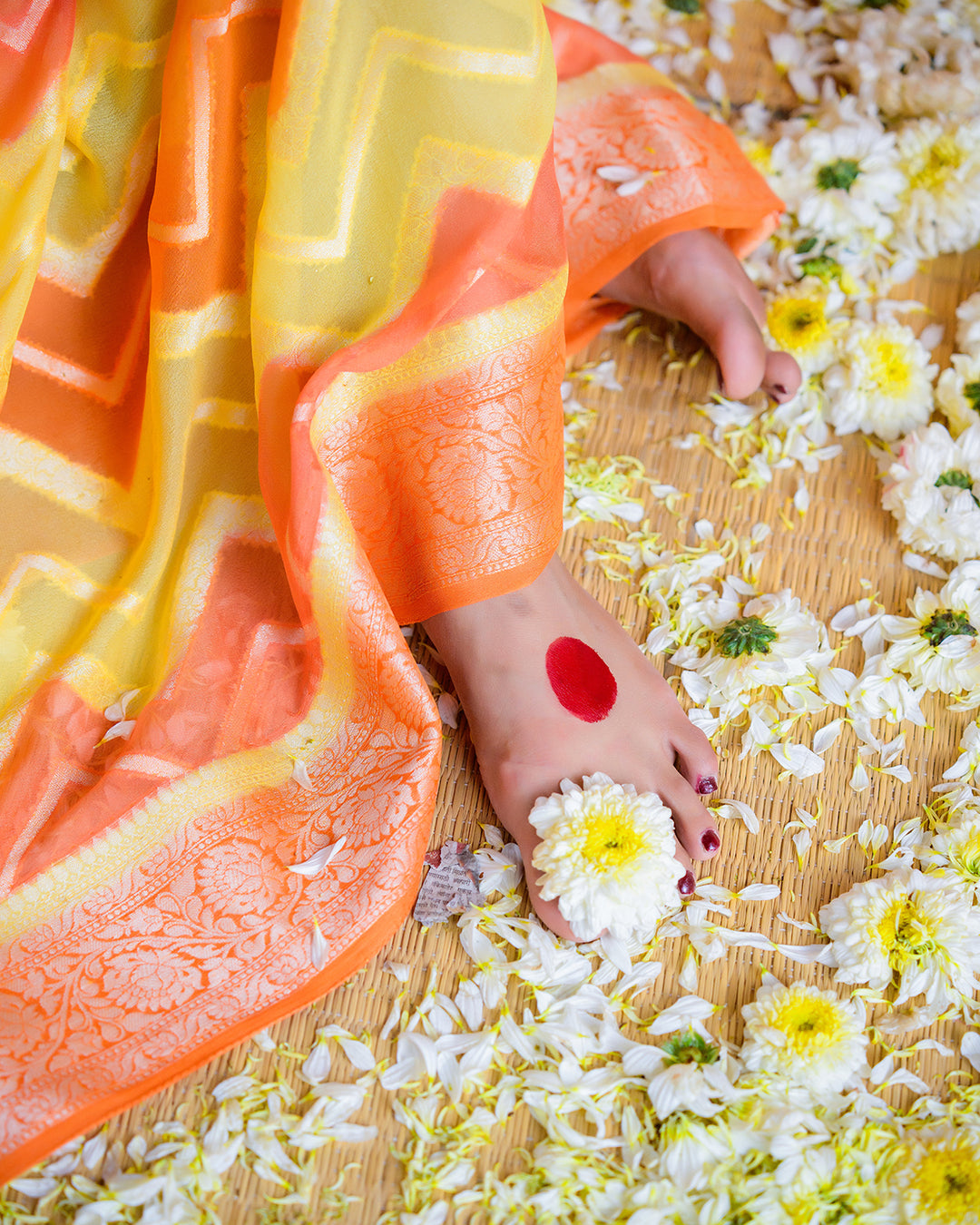Orange-Yellow Pure Chiffon Saree with Chevron Flame Patterns and Regal Finish