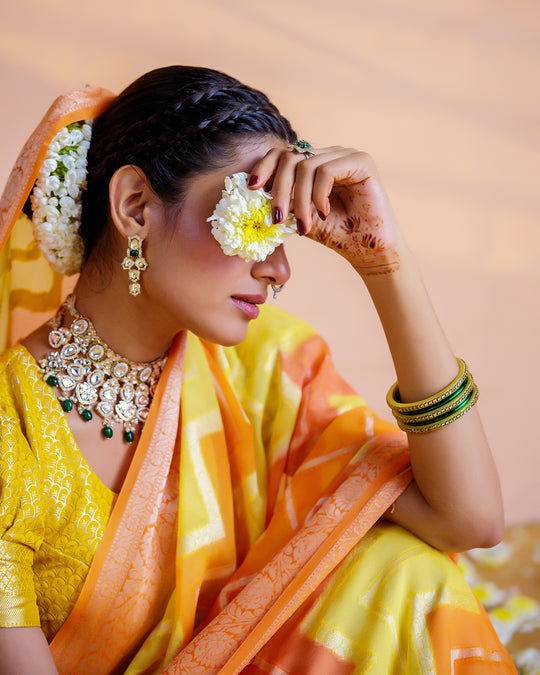Orange-Yellow Pure Chiffon Saree with Chevron Flame Patterns and Regal Finish