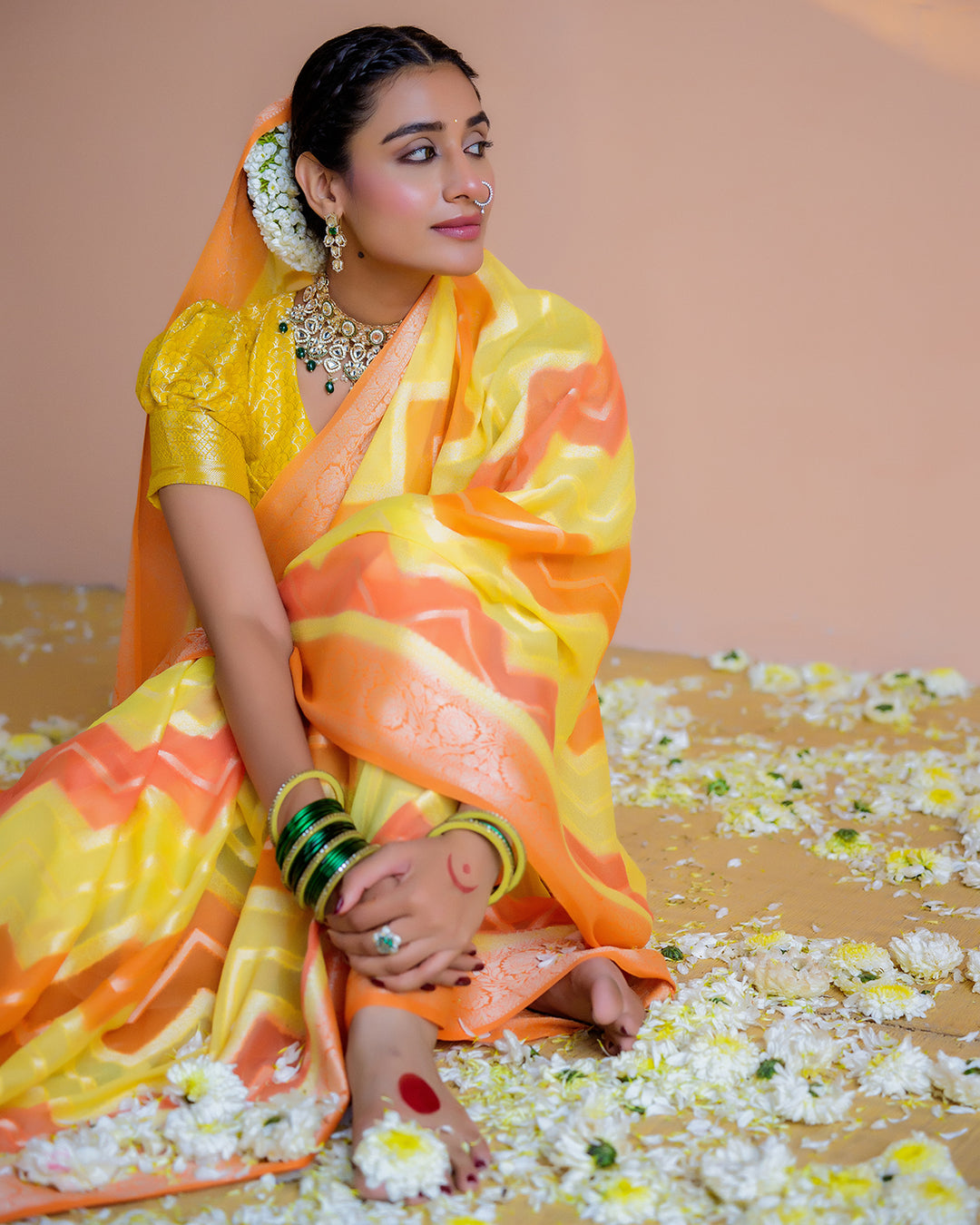 Orange-Yellow Pure Chiffon Saree with Chevron Flame Patterns and Regal Finish