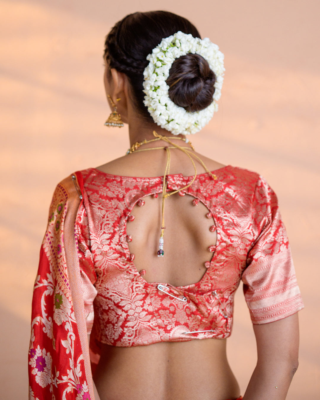 Customisable Red Pure Katan Silk Blouse with Mughal Jaal Weave
