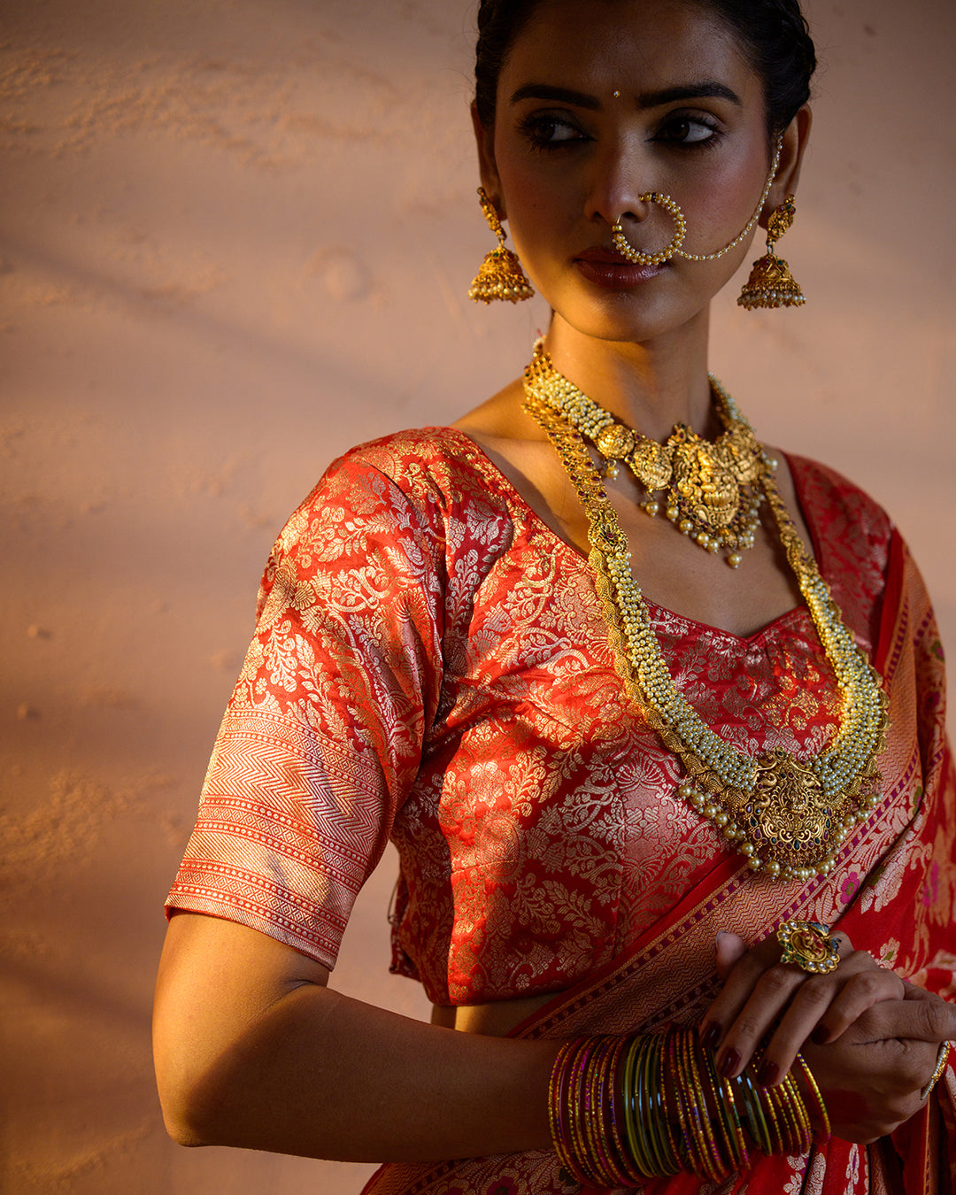 Customisable Red Pure Katan Silk Blouse with Mughal Jaal Weave