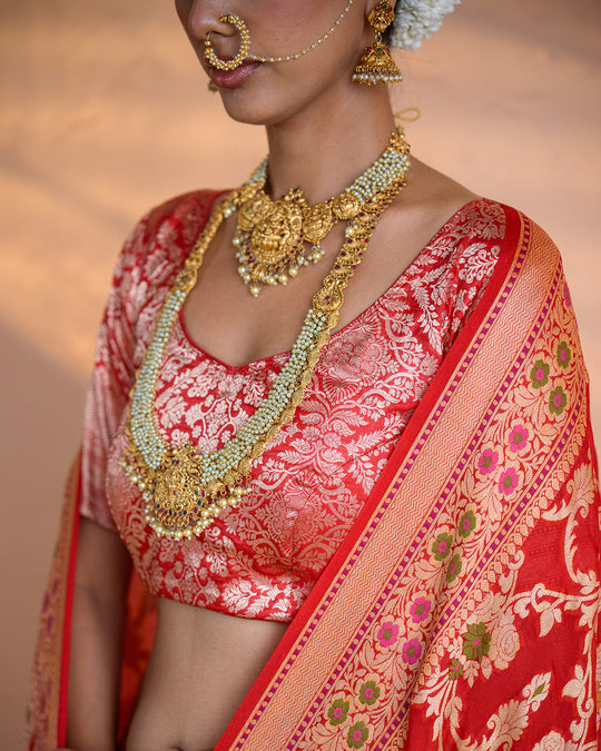 Customisable Red Pure Katan Silk Blouse with Mughal Jaal Weave