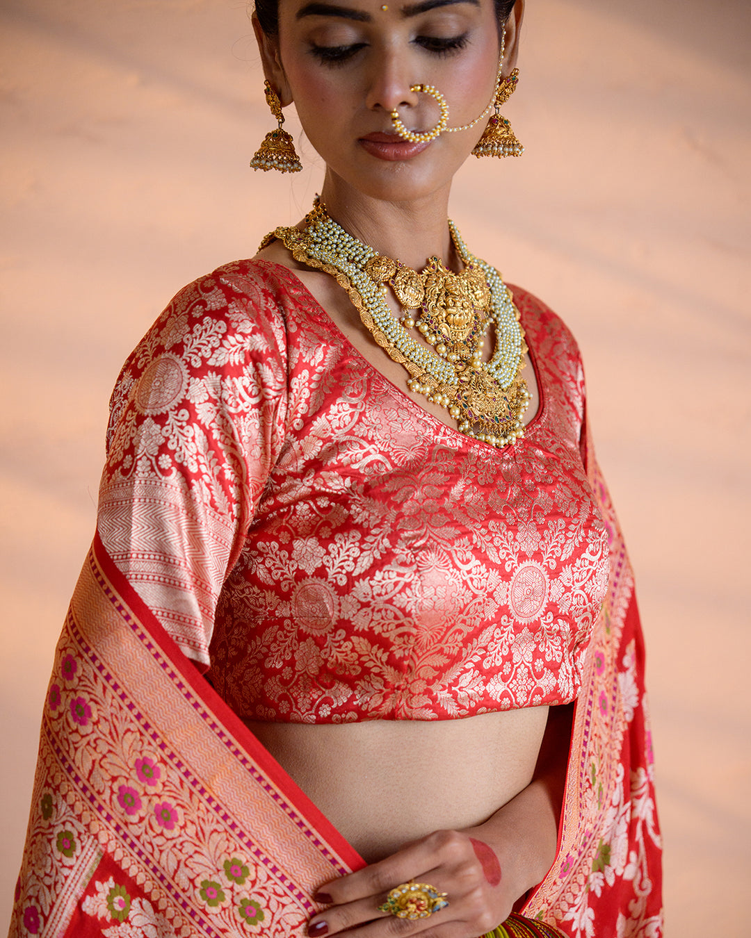 Customisable Red Pure Katan Silk Blouse with Mughal Jaal Weave