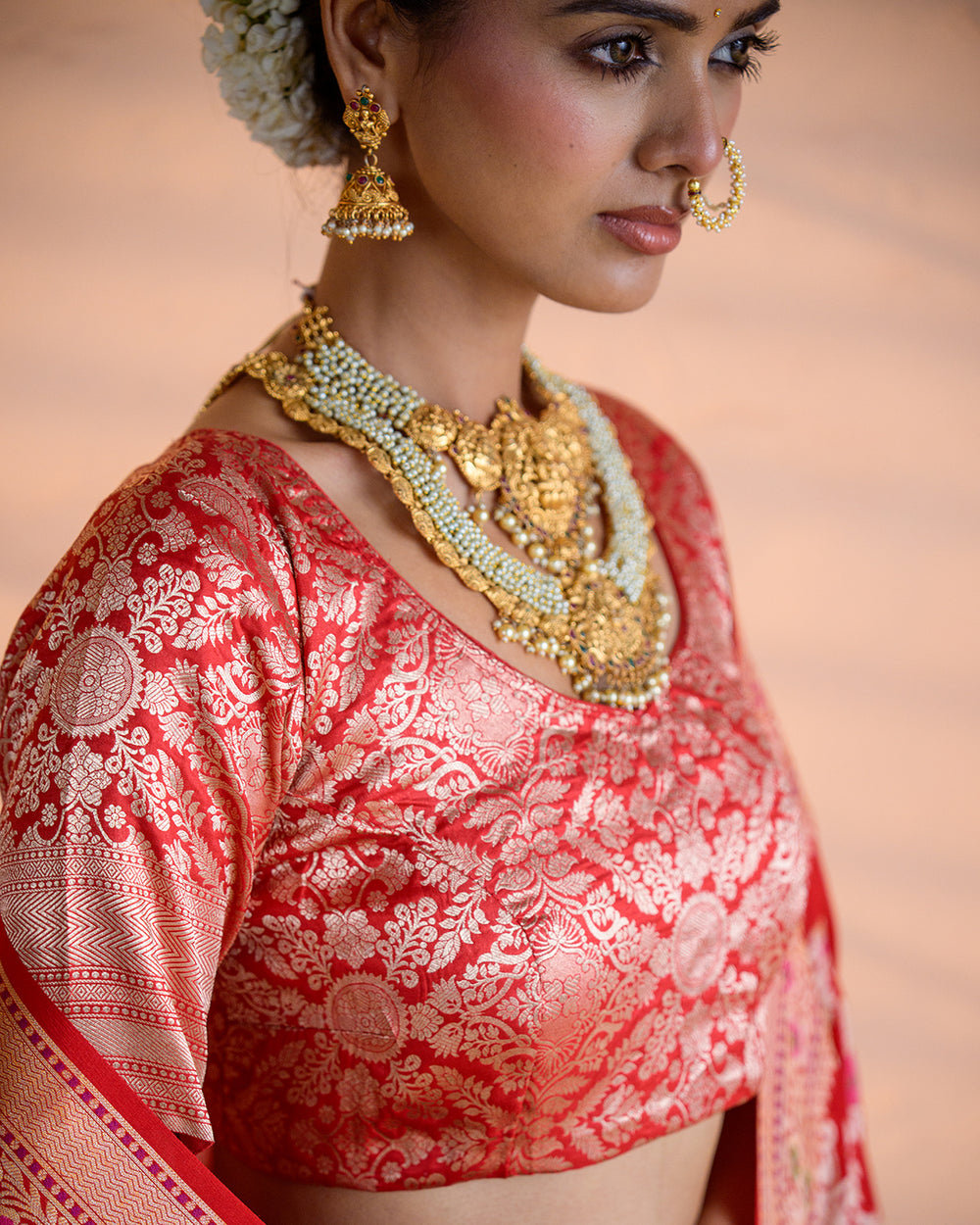 Customisable Red Pure Katan Silk Blouse with Mughal Jaal Weave