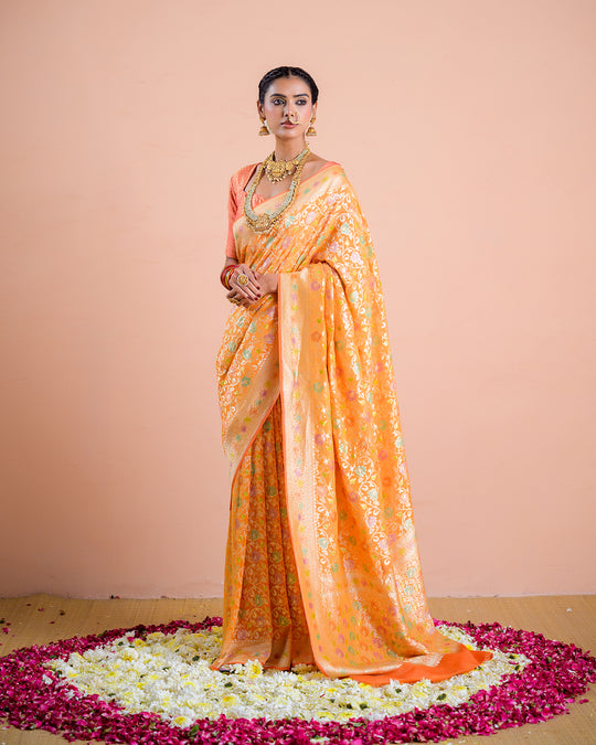 Sunshade Orange Pure Khaddi Georgette Saree in Meenakari With Water Zari