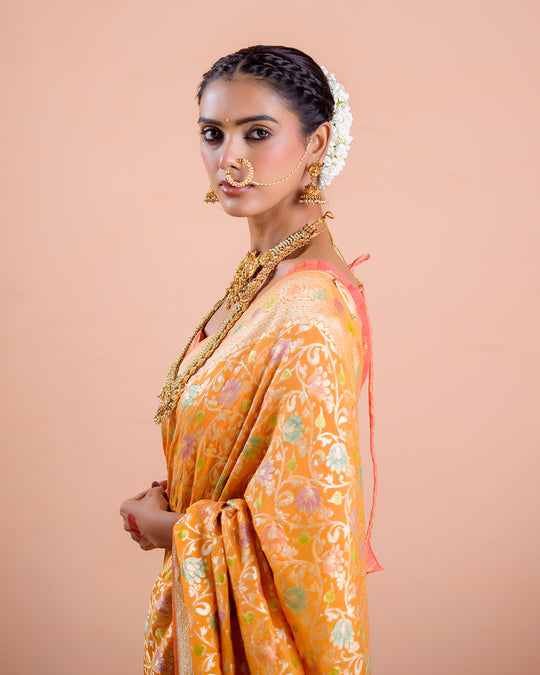 Sunshade Orange Pure Khaddi Georgette Saree in Meenakari With Water Zari