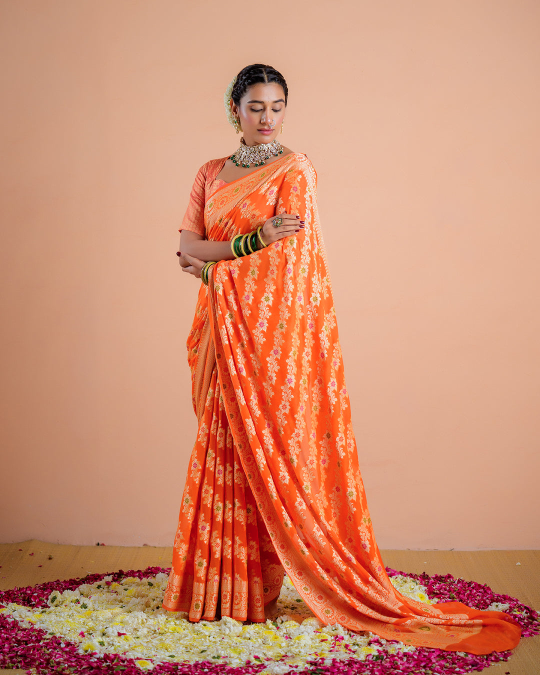 Orange Pure Chiffon Saree with Floral Radiance and Blooming Jaal