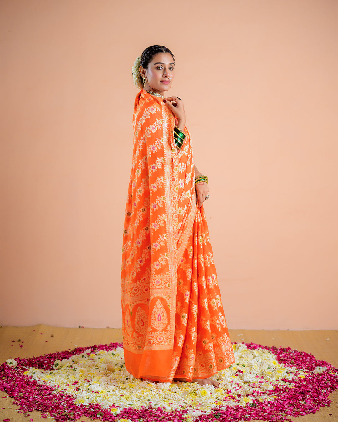 Orange Pure Chiffon Saree with Floral Radiance and Blooming Jaal