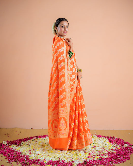 Orange Pure Chiffon Saree with Floral Radiance and Blooming Jaal