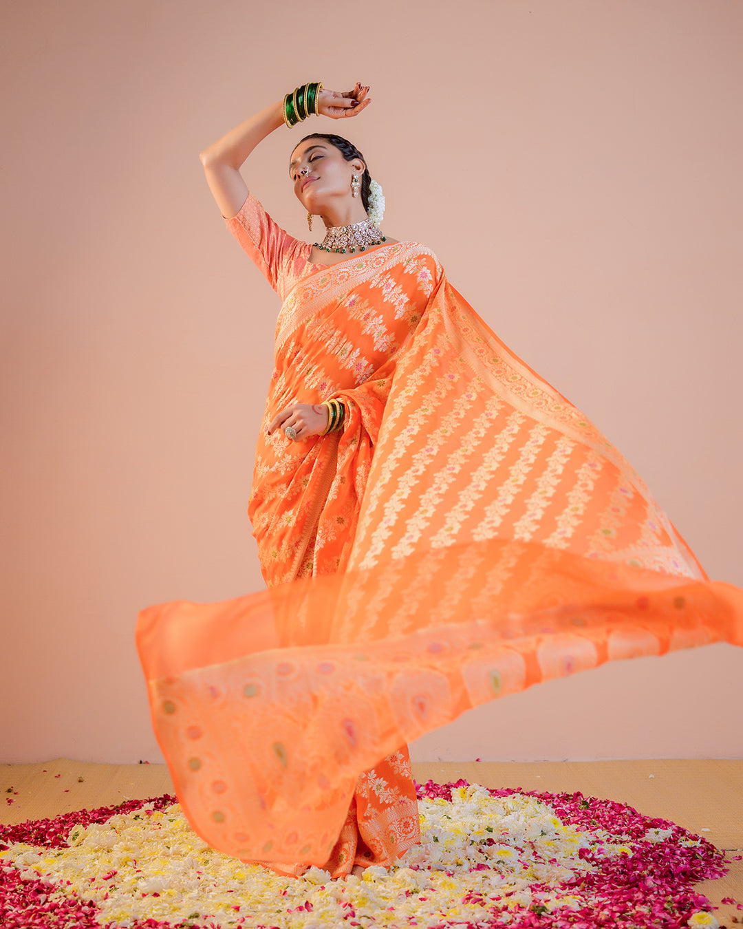 Orange Pure Chiffon Saree with Floral Radiance and Blooming Jaal