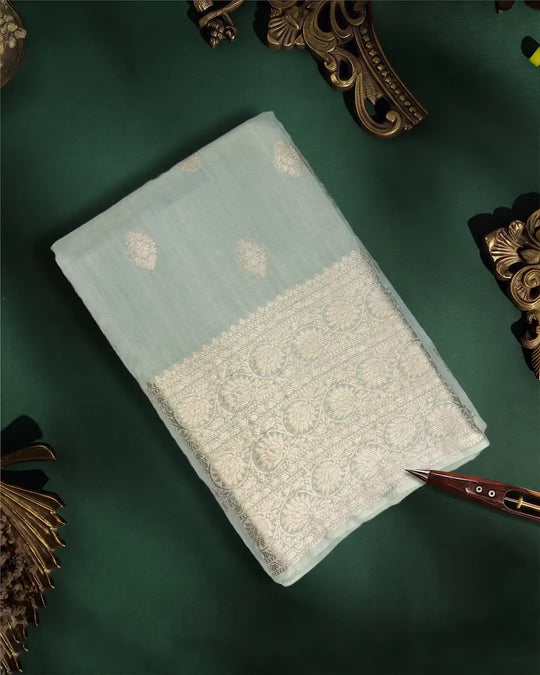 Light Pista Green Pure Banarasi Saree with Minimal Gold Buti Weaves