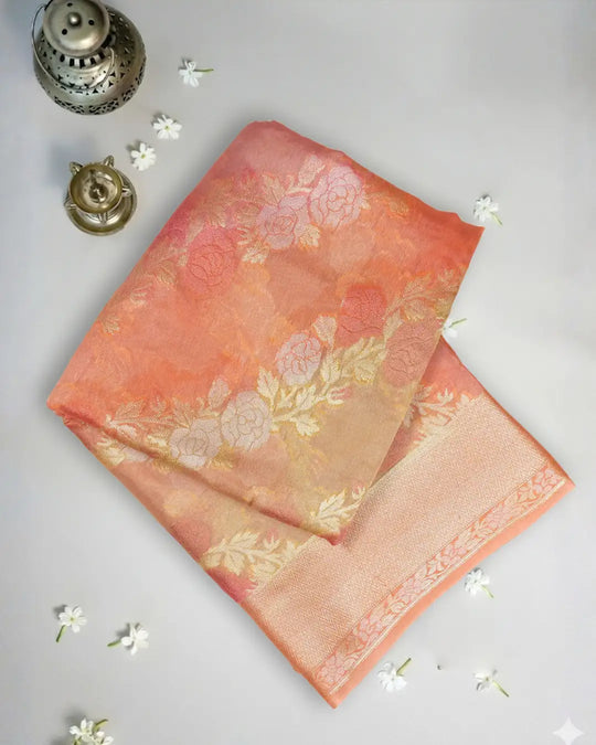 Coral Peach Pure Chiffon Saree with Intricate Floral Meenakari Weaves