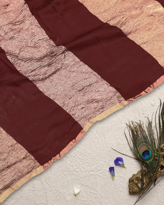 Maroon Pure Muga Tissue Saree Stripes Weaves and Modern Crinkle Texture