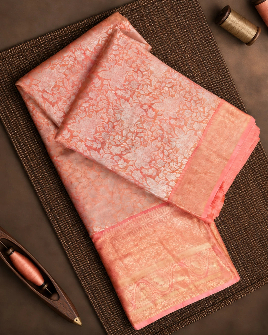 Peach Pink Pure Banarasi Silk Saree with Floral Jaal Weaving