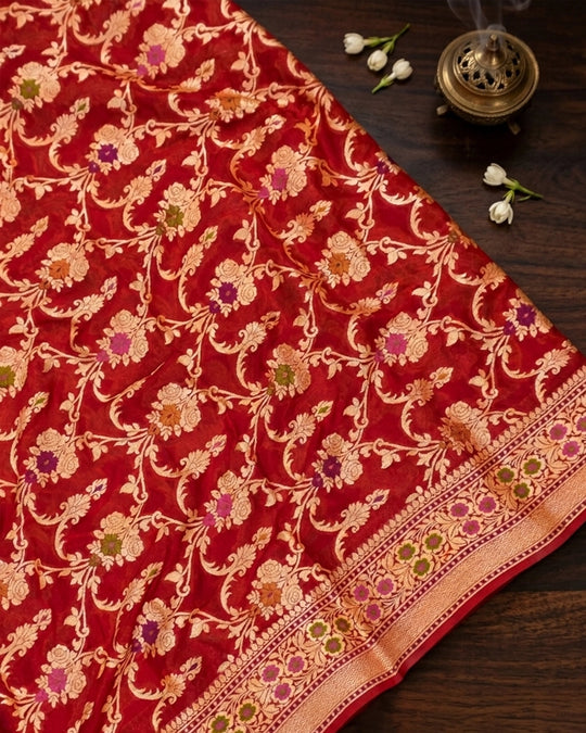 Red Pure Chiffon Saree with Florals Meenakari Jaal Weaving