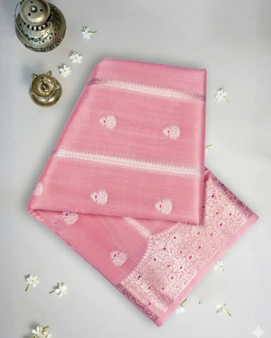 Blush Peach Pure Banarasi Saree with Leheriya Weaving and Meenakari Border