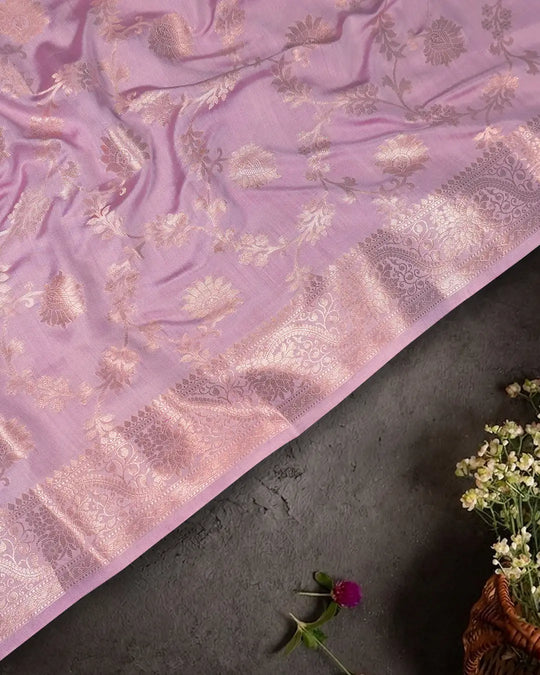 Dusty Lilac Pure Banarasi Saree with Vine Floral Jaal Weaves
