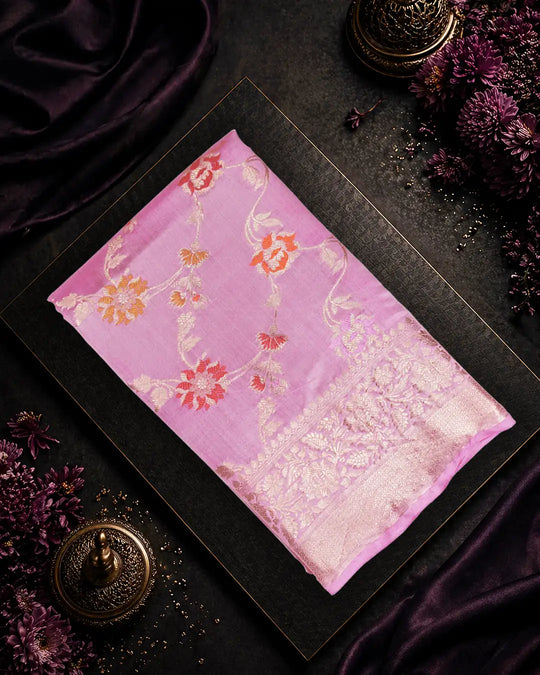 Mauve Pink Pure Banarasi Saree with Multi-color Floral Meenakari Accents