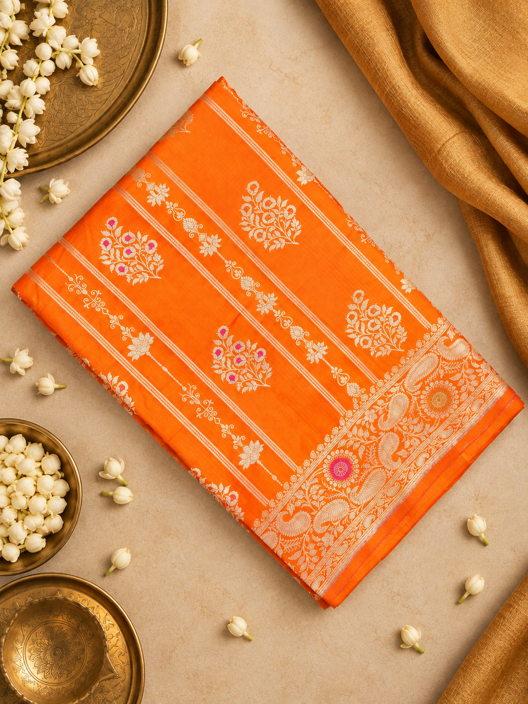 Orange Pure Katan Saree with Floral Butta Weaves
