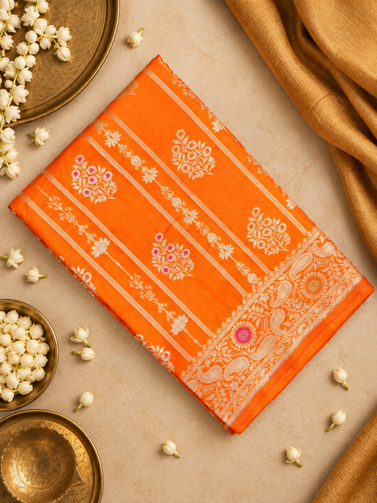 Orange Pure Katan Saree with Floral Butta Weaves