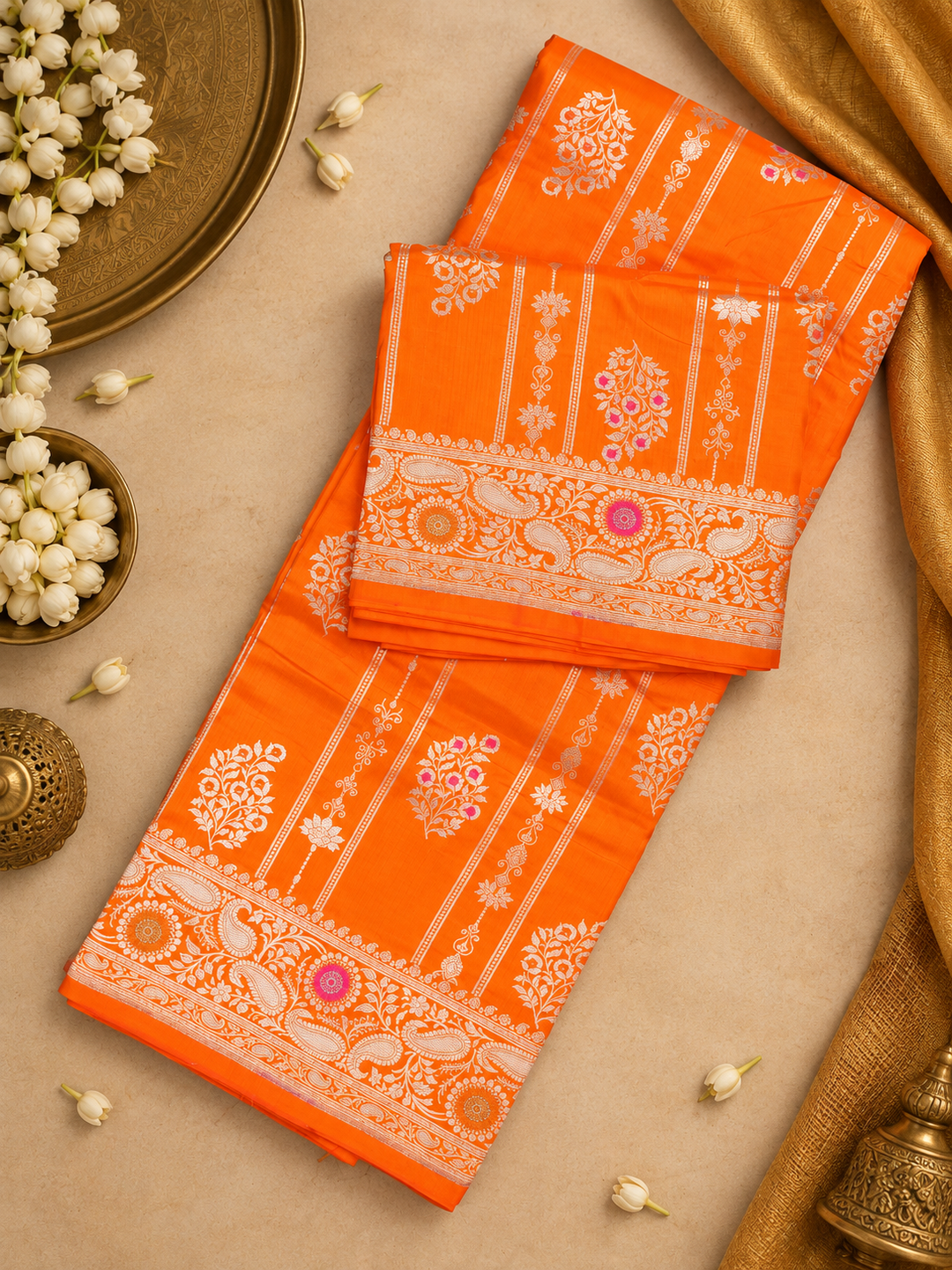 Orange Pure Katan Saree with Floral Butta Weaves