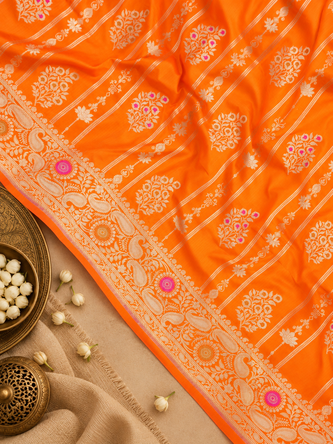 Orange Pure Katan Saree with Floral Butta Weaves