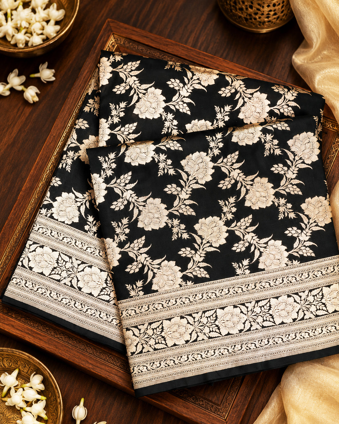 Black Pure Katan Saree with Floral Jaal Weaving