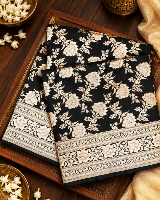 Black Pure Katan Saree with Floral Jaal Weaving
