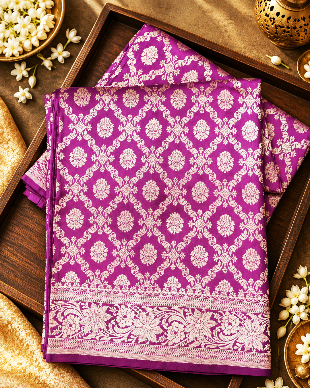 Fuchsia Purple Pure Katan Saree with Jaal Weaving