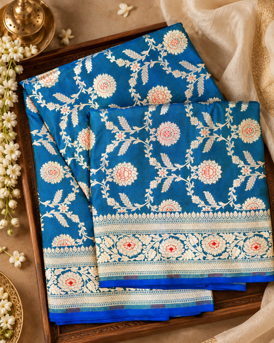 Peacock Blue Pure Katan Saree with Floral Vine Jaal