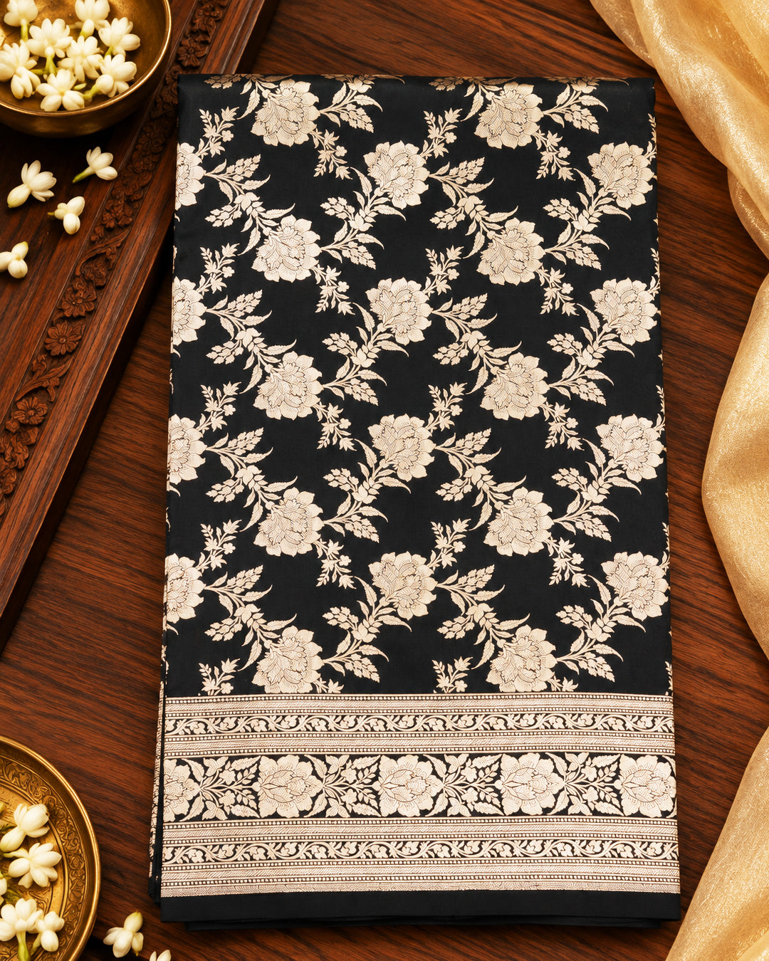 Black Pure Katan Saree with Floral Jaal Weaving