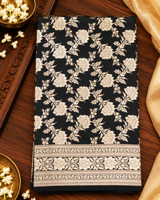 Black Pure Katan Saree with Floral Jaal Weaving