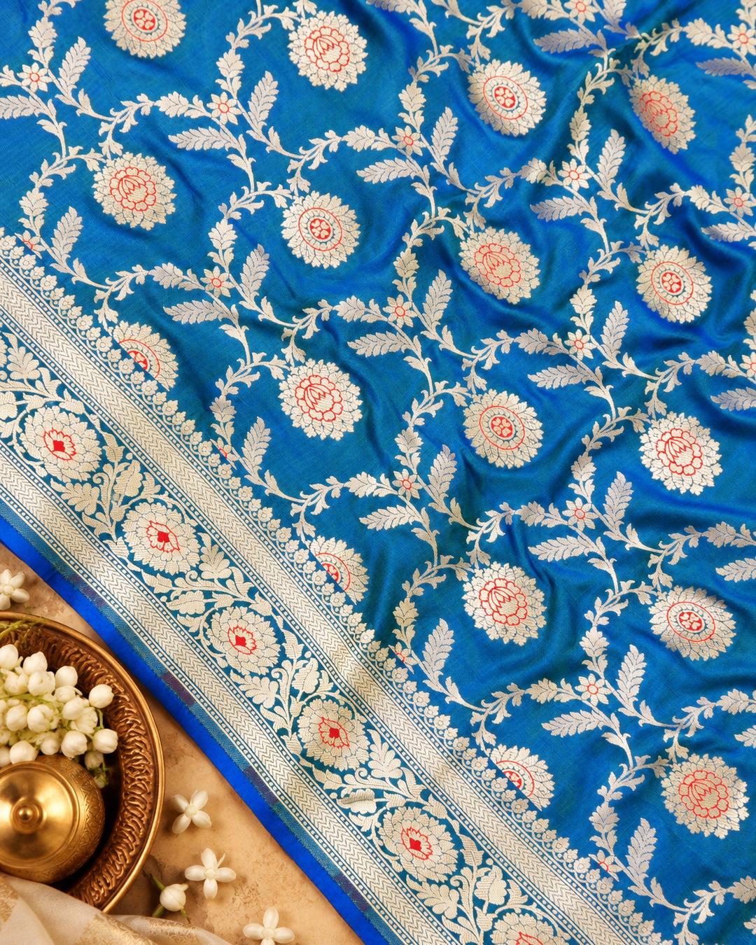 Peacock Blue Pure Katan Saree with Floral Vine Jaal