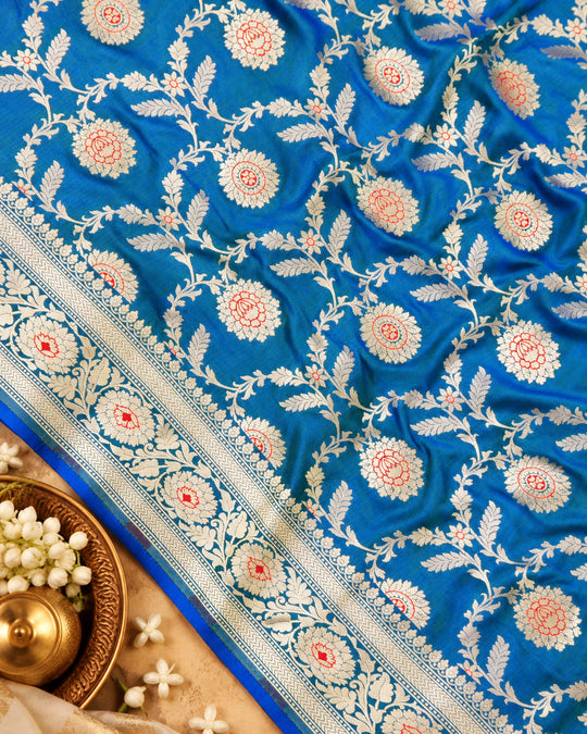 Peacock Blue Pure Katan Saree with Floral Vine Jaal