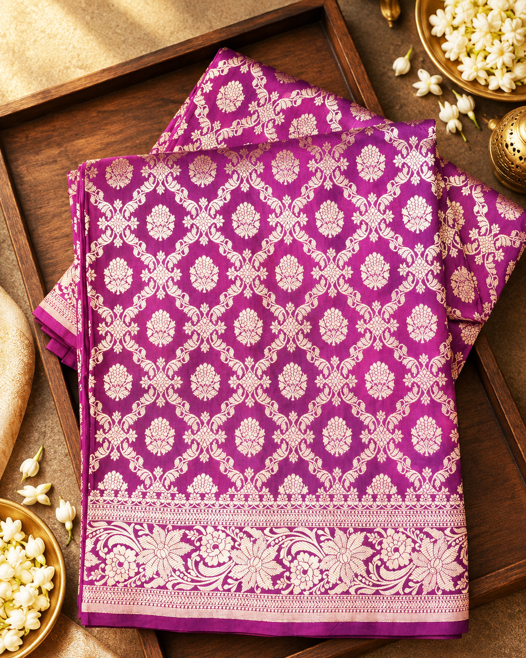 Fuchsia Purple Pure Katan Saree with Jaal Weaving