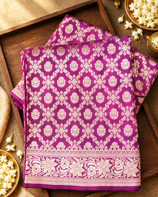Fuchsia Purple Pure Katan Saree with Jaal Weaving