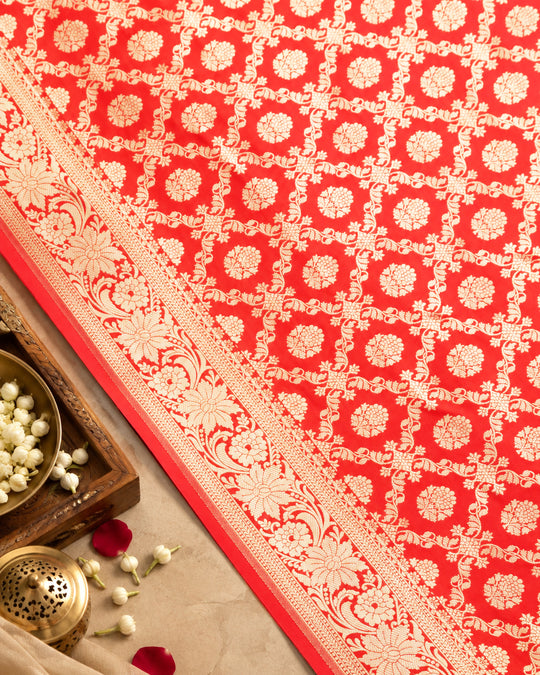 Red Pure Katan Saree with Vine Butidar Weaving