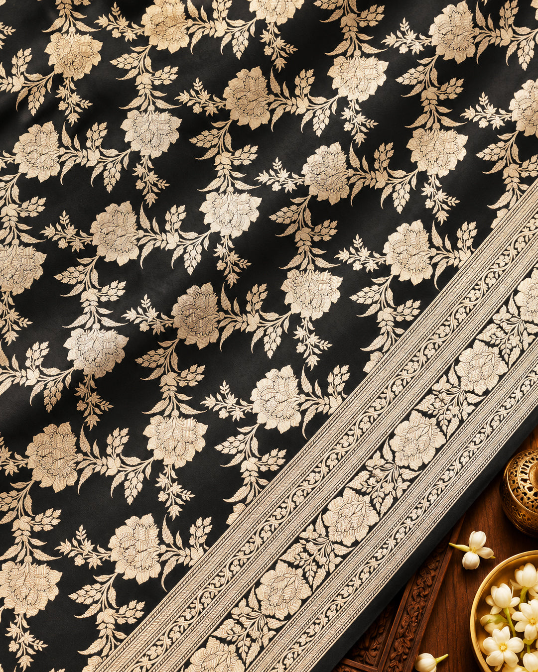 Black Pure Katan Saree with Floral Jaal Weaving