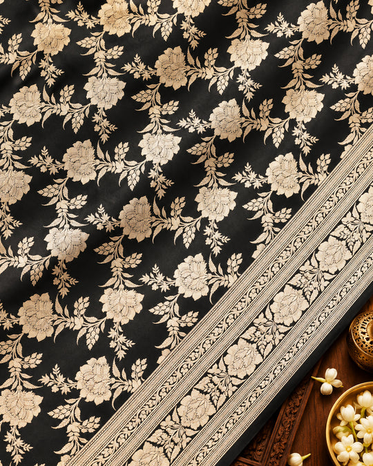 Black Pure Katan Saree with Floral Jaal Weaving