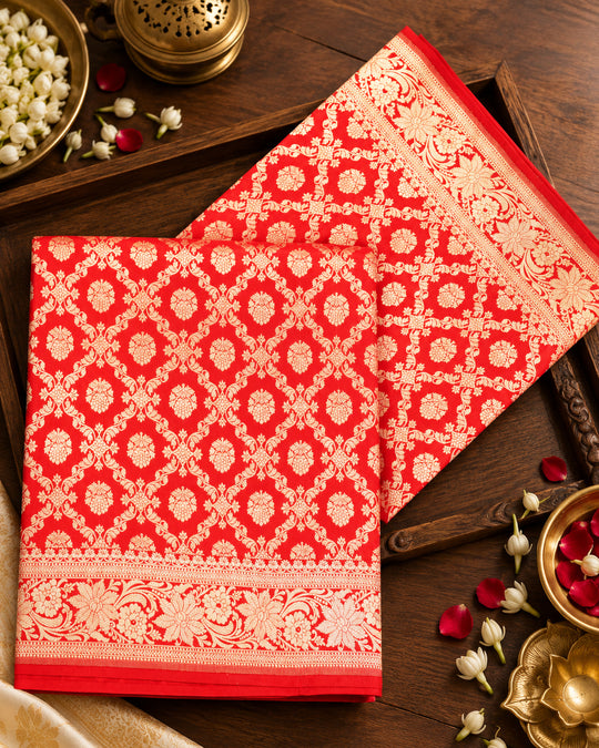 Red Pure Katan Saree with Vine Butidar Weaving