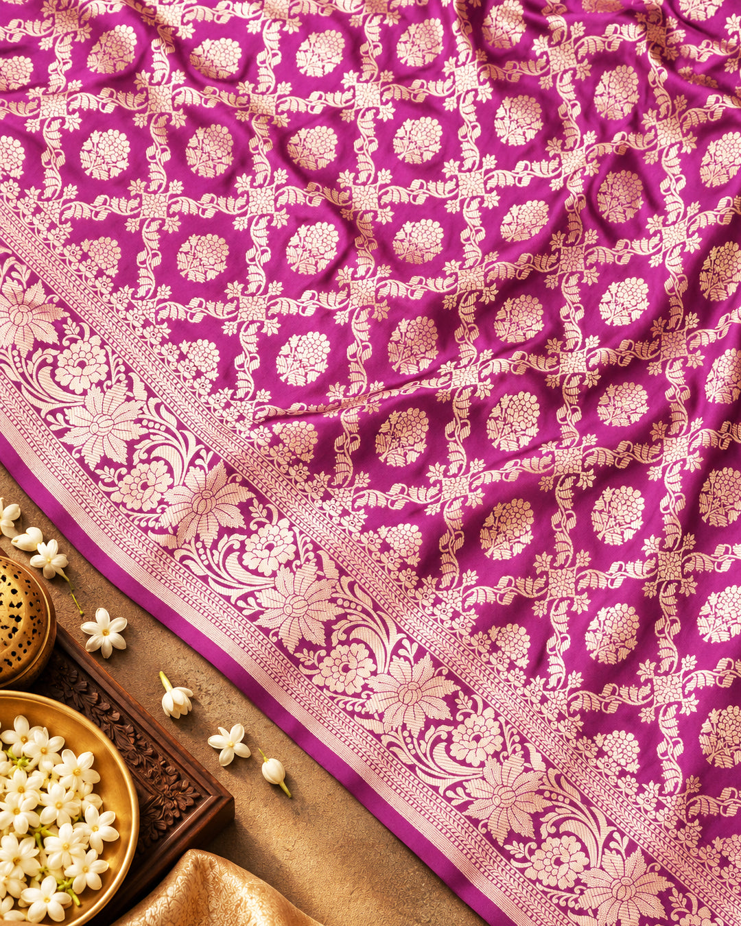 Fuchsia Purple Pure Katan Saree with Jaal Weaving